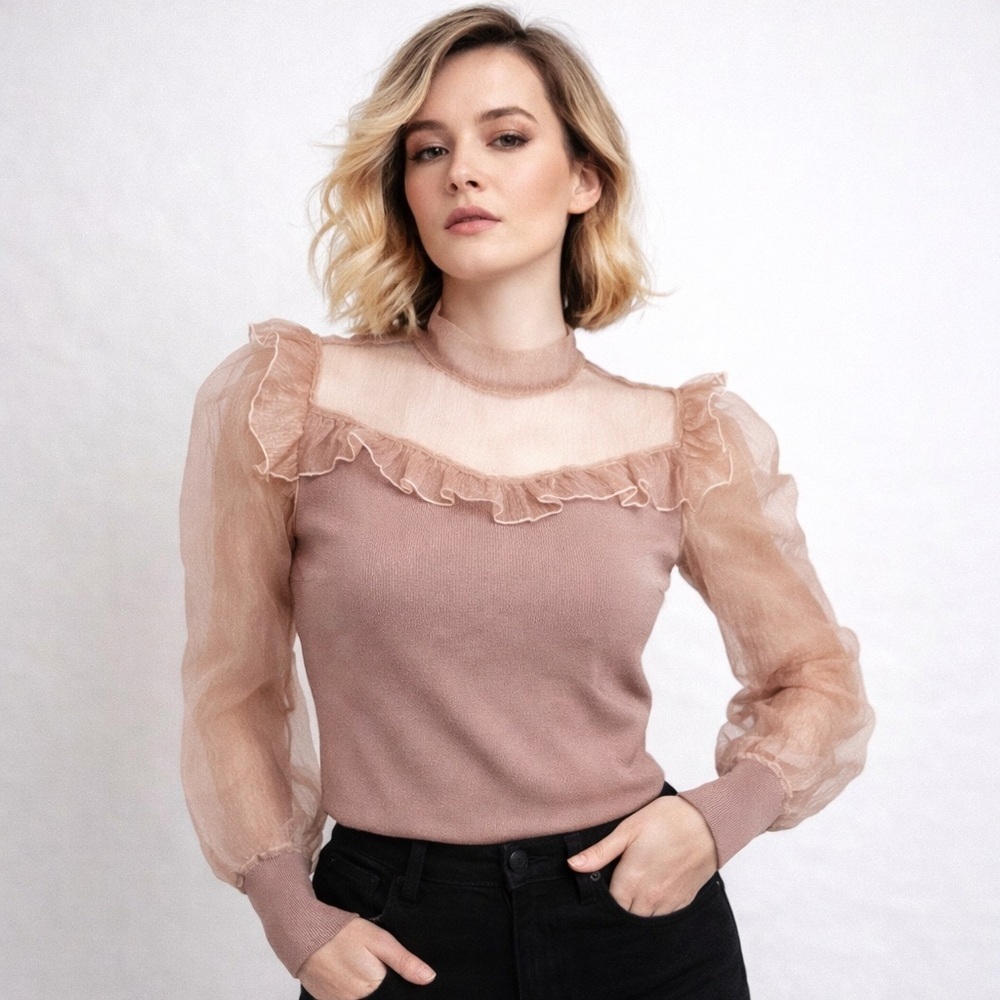 Zara Sheer Puff Sleeve Blouse Women’s M Dusty Rose Organza Romantic Coquette